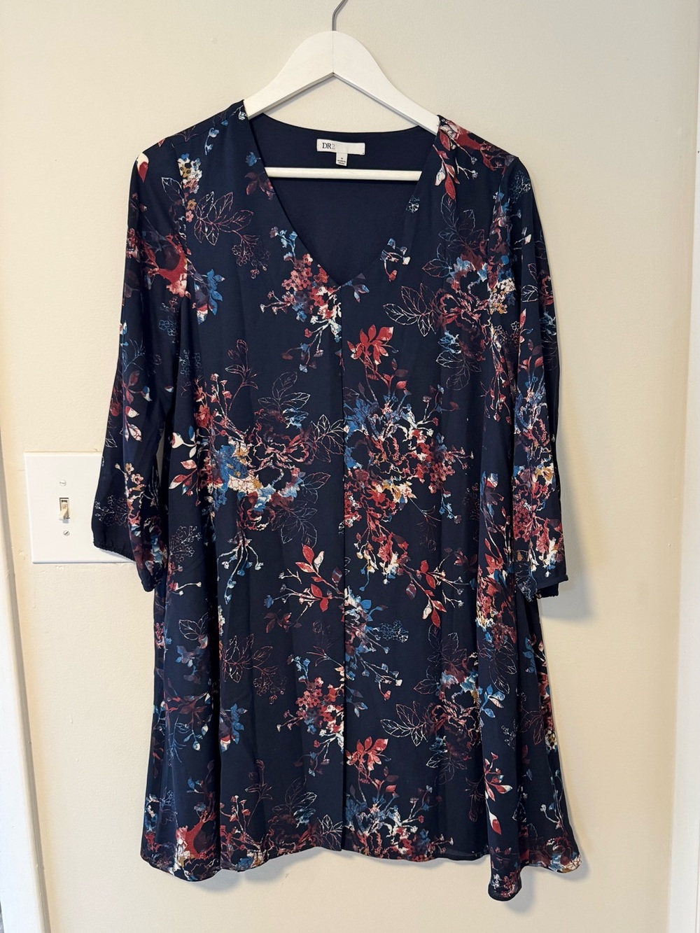 DR2 Navy Floral V-Neck Swing Midi Dress